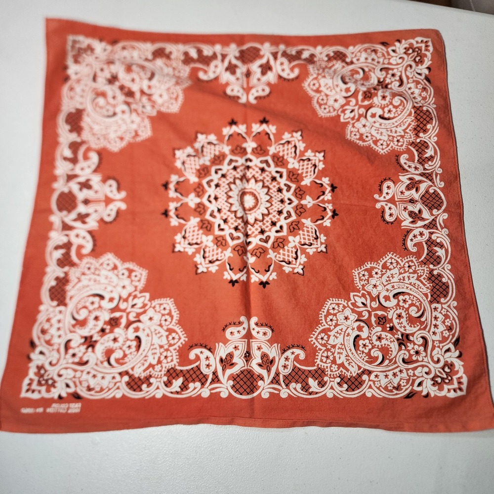 Vintage Terracotta Orange Paisley Cotton Bandana Scarf RN 13960 Square Headwrap